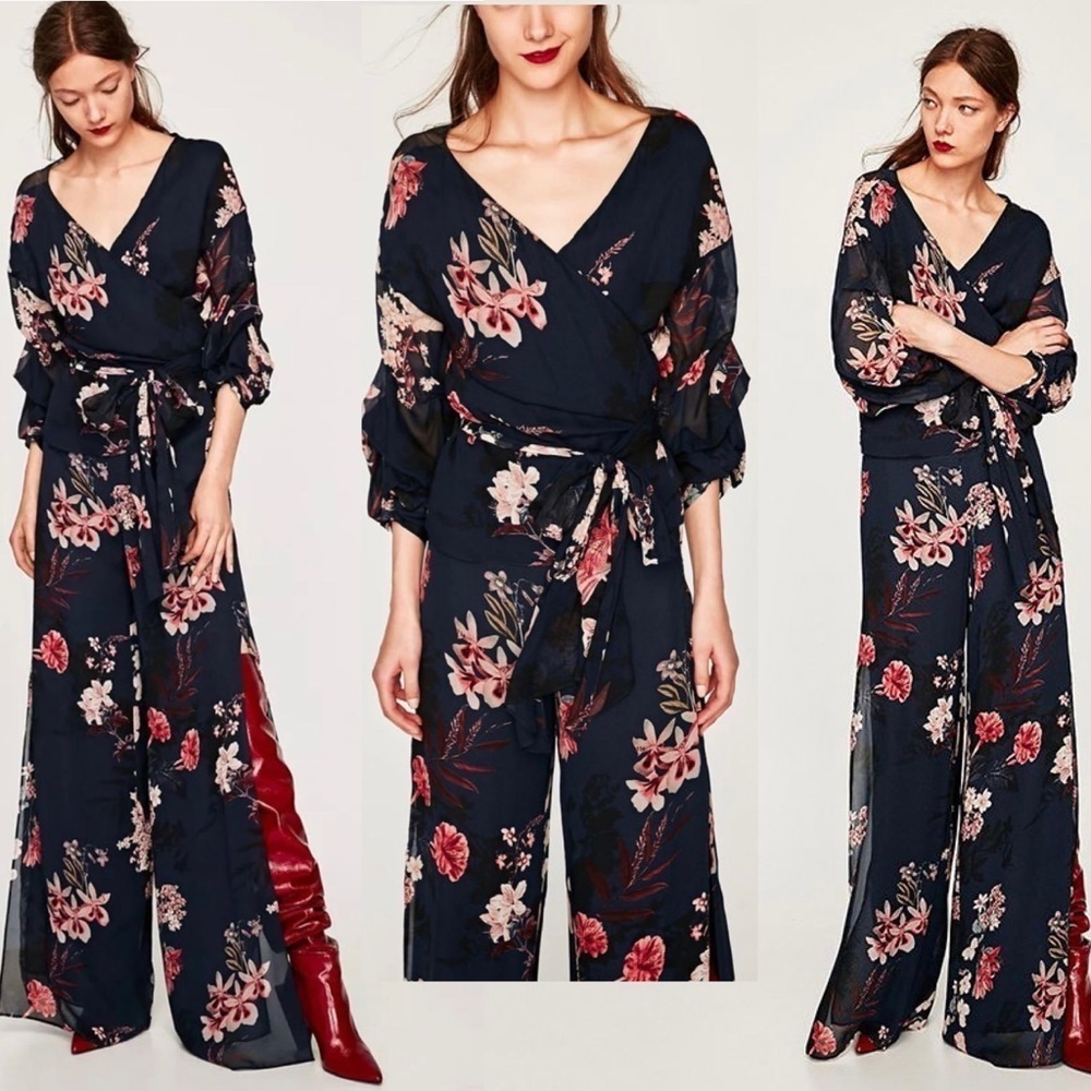 ZARA navy blue pink floral flower chiffon wide leg slit hem pants Sz M